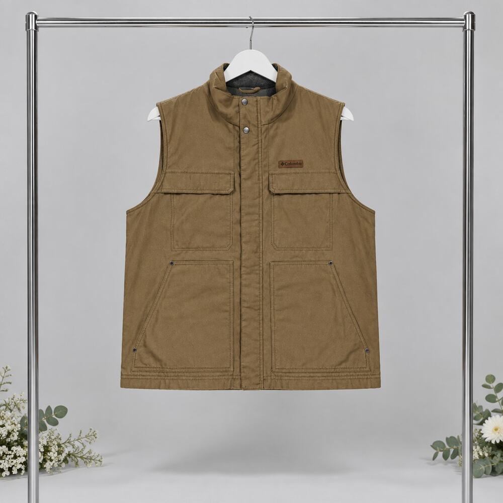 Columbia Men’s Canvas Fleece-Lined Utility Work Vest — Brown / Tan — Size XL
